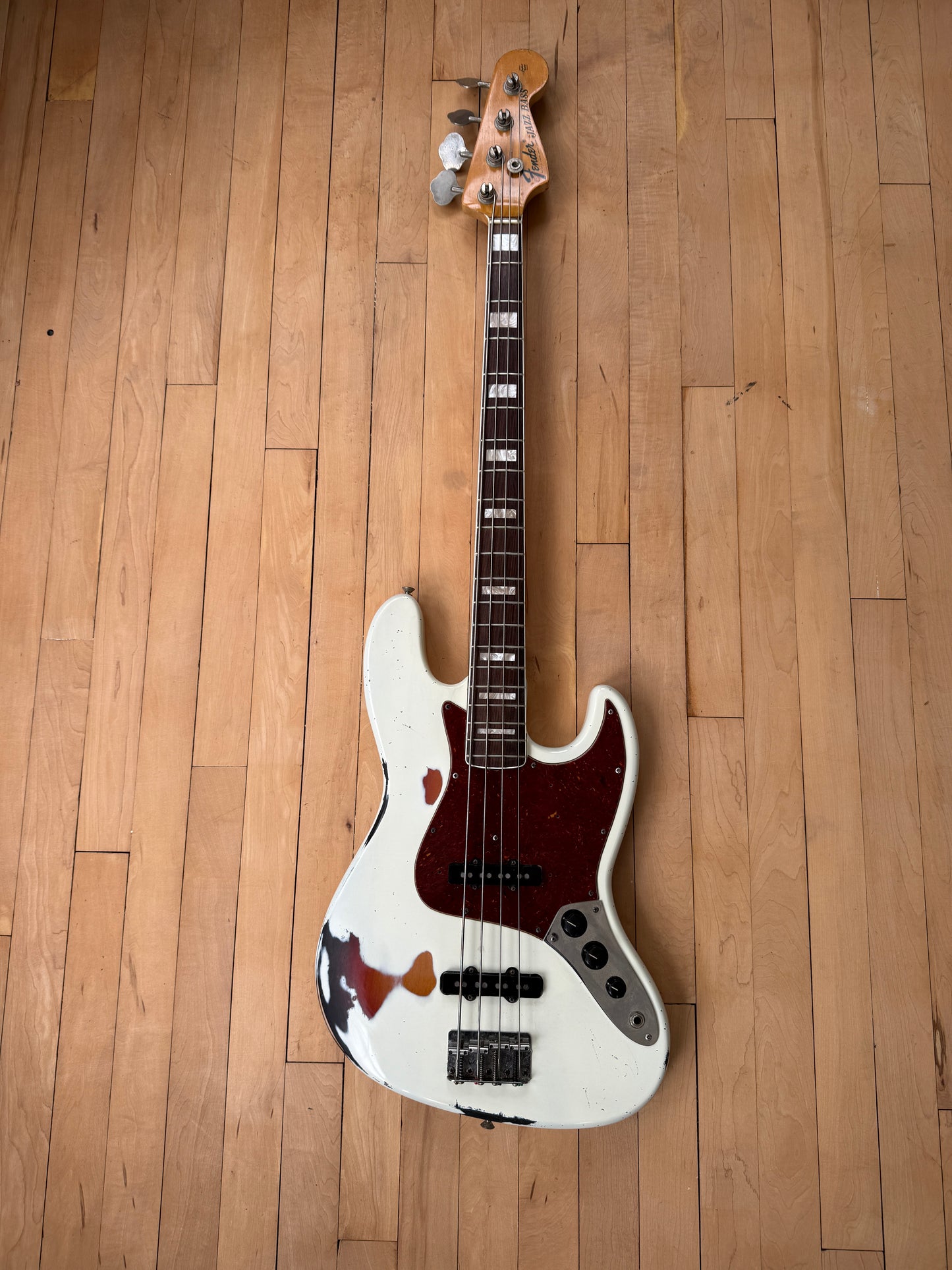 1969 Fender Jazz Bass Guitar Olympic White over Sunburst - Vintage Bass Room