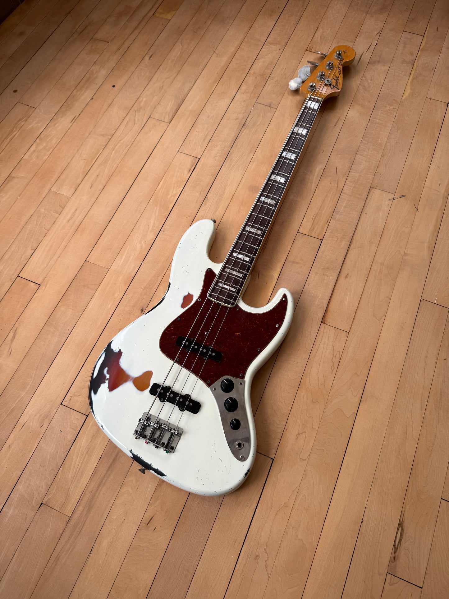 1969 Fender Jazz Bass Guitar Olympic White over Sunburst - Vintage Bass Room