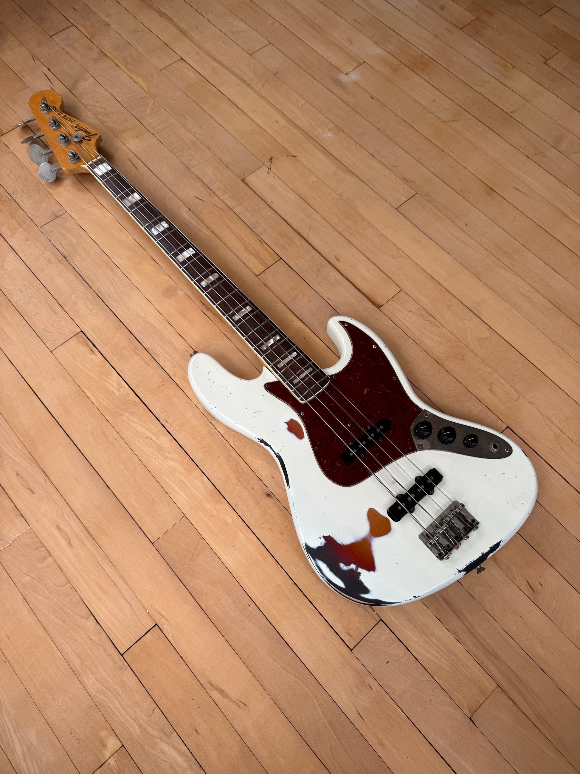 1969 Fender Jazz Bass Guitar Olympic White over Sunburst - Vintage Bass Room