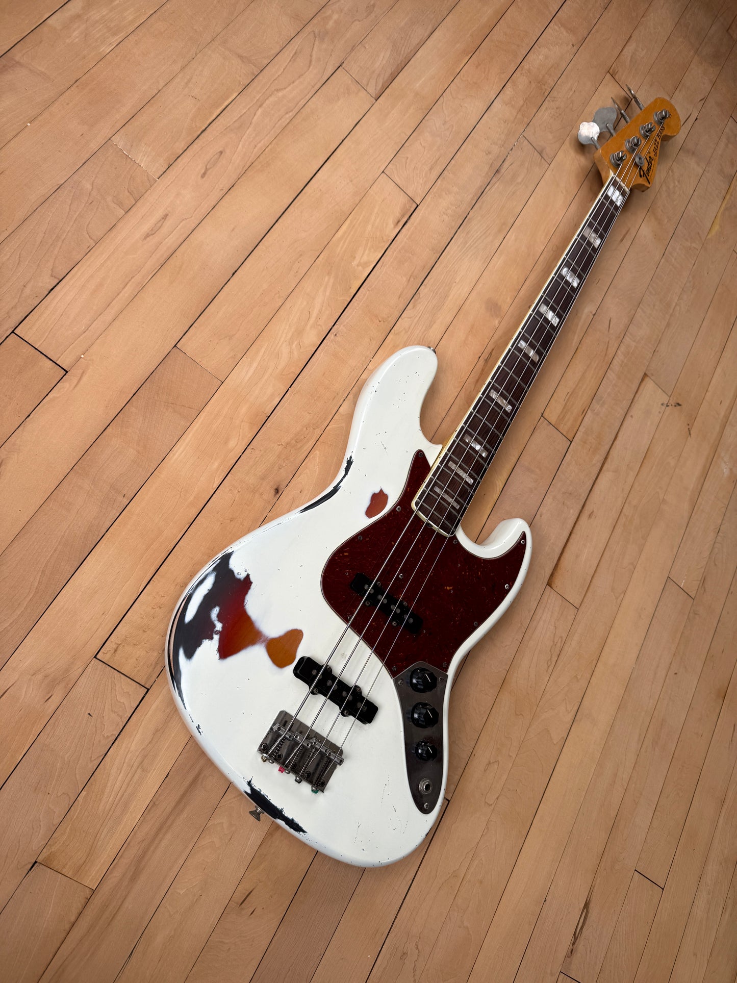 1969 Fender Jazz Bass Guitar Olympic White over Sunburst - Vintage Bass Room