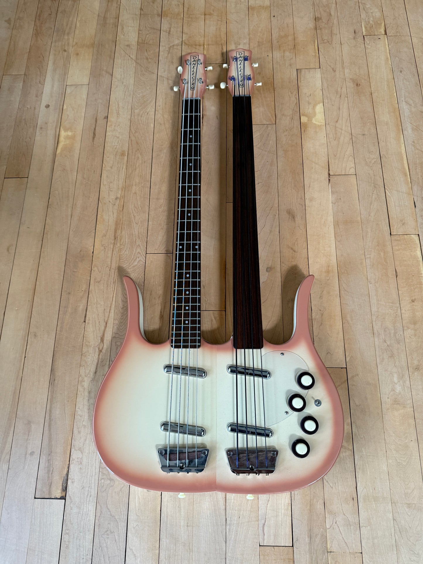 Danelectro Double Neck Bass Guitar Fretted and Fretless NAMM Build - Vintage Bass Room