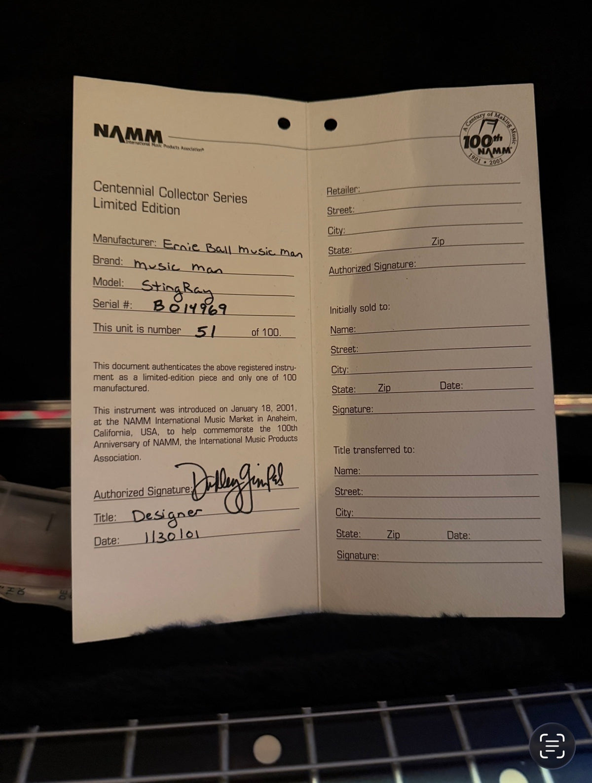 2001 NAMM 100th Anniversary Musicman Stingray Bass Guitar Inca Silver Ltd Edition